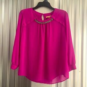 💕Gibson Latimer Magenta Pink Jewel Neckline Sheer Blouse Work Career